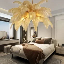 LED Pendant Light Chandelier Gorgeous Extra Large White Ostrich Feather Bouquet Pendant Light Romantic Mounted Lighting Fixture for Restaurant Bedroom