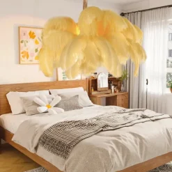 LED Pendant Light Chandelier Gorgeous Extra Large White Ostrich Feather Bouquet Pendant Light Romantic Mounted Lighting Fixture for Restaurant Bedroom