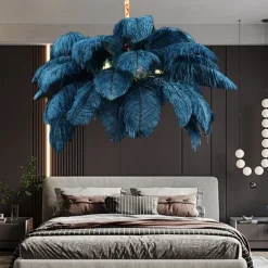 LED Pendant Light Chandelier Gorgeous Extra Large White Ostrich Feather Bouquet Pendant Light Romantic Mounted Lighting Fixture for Restaurant Bedroom