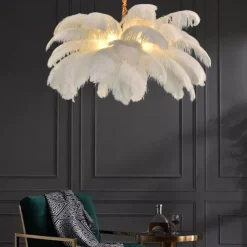 LED Pendant Light Chandelier Gorgeous Extra Large White Ostrich Feather Bouquet Pendant Light Romantic Mounted Lighting Fixture for Restaurant Bedroom