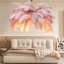 LED Pendant Light Chandelier Gorgeous Extra Large White Ostrich Feather Bouquet Pendant Light Romantic Mounted Lighting Fixture for Restaurant Bedroom