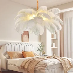 LED Pendant Light Chandelier Gorgeous Extra Large White Ostrich Feather Bouquet Pendant Light Romantic Mounted Lighting Fixture for Restaurant Bedroom