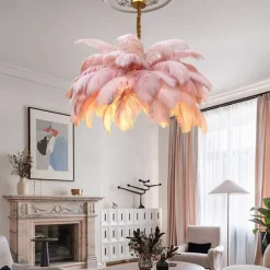 LED Pendant Light Chandelier Gorgeous Extra Large White Ostrich Feather Bouquet Pendant Light Romantic Mounted Lighting Fixture for Restaurant Bedroom