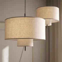 LED Pendant Light, Contemporary Drum Chandelier 3 Lights Rustic Style Fabric Lampshade Suspension Light Hanging Light Fixture for Kitchen Living Room Bedroom Restaurant