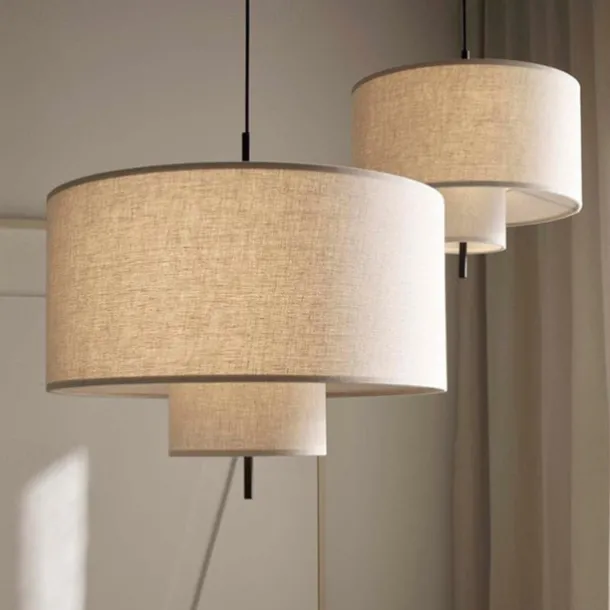 LED Pendant Light, Contemporary Drum Chandelier 3 Lights Rustic Style Fabric Lampshade Suspension Light Hanging Light Fixture for Kitchen Living Room Bedroom Restaurant