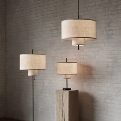 LED Pendant Light, Contemporary Drum Chandelier 3 Lights Rustic Style Fabric Lampshade Suspension Light Hanging Light Fixture for Kitchen Living Room Bedroom Restaurant