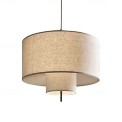 LED Pendant Light, Contemporary Drum Chandelier 3 Lights Rustic Style Fabric Lampshade Suspension Light Hanging Light Fixture for Kitchen Living Room Bedroom Restaurant