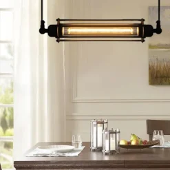 LED Pendant Light Long 17.5" Tube Cage Black or Brass Cage Edison Hanging Bar Pendant - Black Wire Ceiling Fixture Industrial Lighting