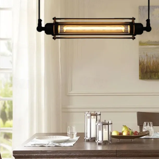 LED Pendant Light Long 17.5" Tube Cage Black or Brass Cage Edison Hanging Bar Pendant - Black Wire Ceiling Fixture Industrial Lighting