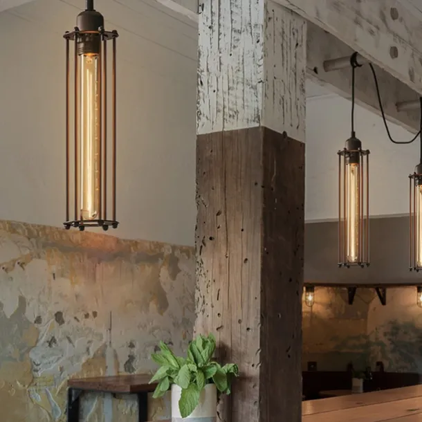 LED Pendant Light Long 17.5" Tube Cage Black or Brass Cage Edison Hanging Bar Pendant - Black Wire Ceiling Fixture Industrial Lighting