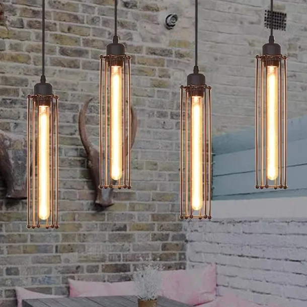 LED Pendant Light Long 17.5" Tube Cage Black or Brass Cage Edison Hanging Bar Pendant - Black Wire Ceiling Fixture Industrial Lighting