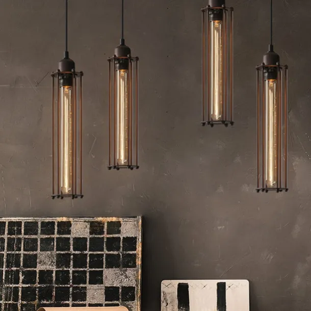 LED Pendant Light Long 17.5" Tube Cage Black or Brass Cage Edison Hanging Bar Pendant - Black Wire Ceiling Fixture Industrial Lighting