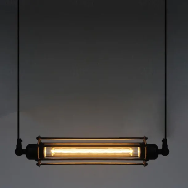 LED Pendant Light Long 17.5" Tube Cage Black or Brass Cage Edison Hanging Bar Pendant - Black Wire Ceiling Fixture Industrial Lighting