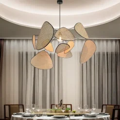 LED Pendant Light Rattan Chandelier Handmade Bamboo Art Hanging Lamp Kitchen Island Pendant Lamp, Creative Leaf Grid Rural Garden Rattan Lamp Simple Lighting