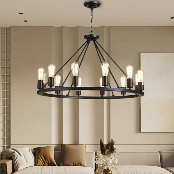 LED Pendant Light Vintage Painted Metal Chandelier Lighting, with 6/8/10/12 Lights, Rustic Vintage Farmhouse Chandelier Lighting, Carriage Wheel Pendant, Black