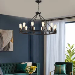 LED Pendant Light Vintage Painted Metal Chandelier Lighting, with 6/8/10/12 Lights, Rustic Vintage Farmhouse Chandelier Lighting, Carriage Wheel Pendant, Black