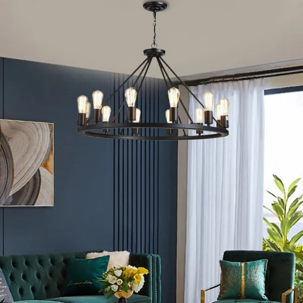 LED Pendant Light Vintage Painted Metal Chandelier Lighting, with 6/8/10/12 Lights, Rustic Vintage Farmhouse Chandelier Lighting, Carriage Wheel Pendant, Black