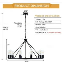 LED Pendant Light Vintage Painted Metal Chandelier Lighting, with 6/8/10/12 Lights, Rustic Vintage Farmhouse Chandelier Lighting, Carriage Wheel Pendant, Black