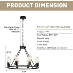 LED Pendant Light Vintage Painted Metal Chandelier Lighting, with 6/8/10/12 Lights, Rustic Vintage Farmhouse Chandelier Lighting, Carriage Wheel Pendant, Black