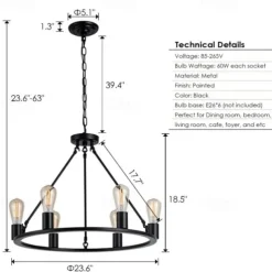 LED Pendant Light Vintage Painted Metal Chandelier Lighting, with 6/8/10/12 Lights, Rustic Vintage Farmhouse Chandelier Lighting, Carriage Wheel Pendant, Black