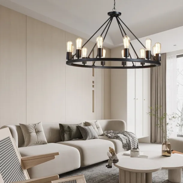 LED Pendant Light Vintage Painted Metal Chandelier Lighting, with 6/8/10/12 Lights, Rustic Vintage Farmhouse Chandelier Lighting, Carriage Wheel Pendant, Black