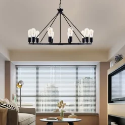 LED Pendant Light Vintage Painted Metal Chandelier Lighting, with 6/8/10/12 Lights, Rustic Vintage Farmhouse Chandelier Lighting, Carriage Wheel Pendant, Black