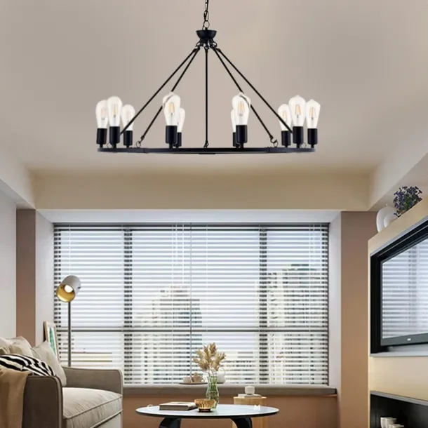 LED Pendant Light Vintage Painted Metal Chandelier Lighting, with 6/8/10/12 Lights, Rustic Vintage Farmhouse Chandelier Lighting, Carriage Wheel Pendant, Black