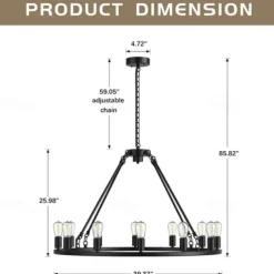 LED Pendant Light Vintage Painted Metal Chandelier Lighting, with 6/8/10/12 Lights, Rustic Vintage Farmhouse Chandelier Lighting, Carriage Wheel Pendant, Black