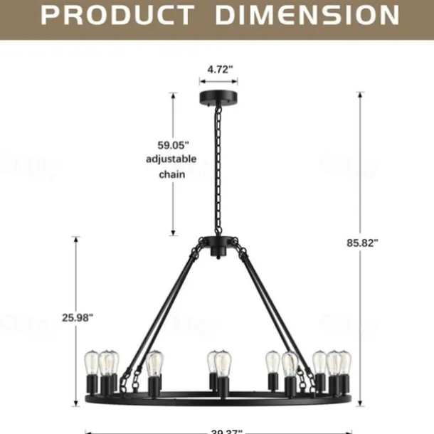 LED Pendant Light Vintage Painted Metal Chandelier Lighting, with 6/8/10/12 Lights, Rustic Vintage Farmhouse Chandelier Lighting, Carriage Wheel Pendant, Black