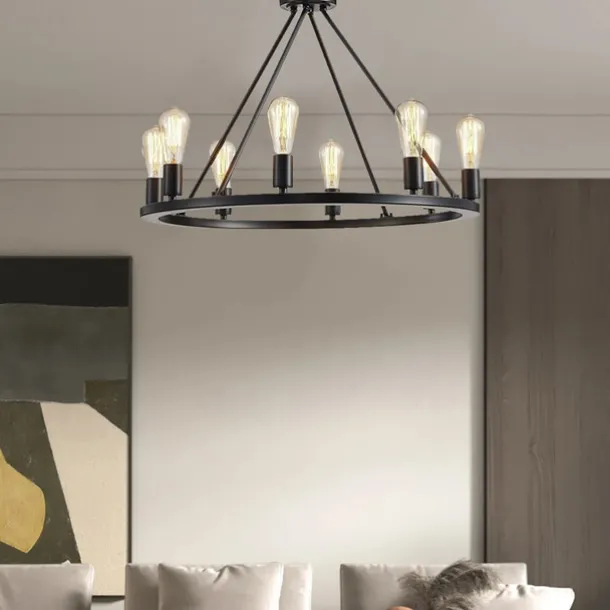 LED Pendant Light Vintage Painted Metal Chandelier Lighting, with 6/8/10/12 Lights, Rustic Vintage Farmhouse Chandelier Lighting, Carriage Wheel Pendant, Black