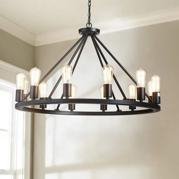 LED Pendant Light Vintage Painted Metal Chandelier Lighting, with 6/8/10/12 Lights, Rustic Vintage Farmhouse Chandelier Lighting, Carriage Wheel Pendant, Black