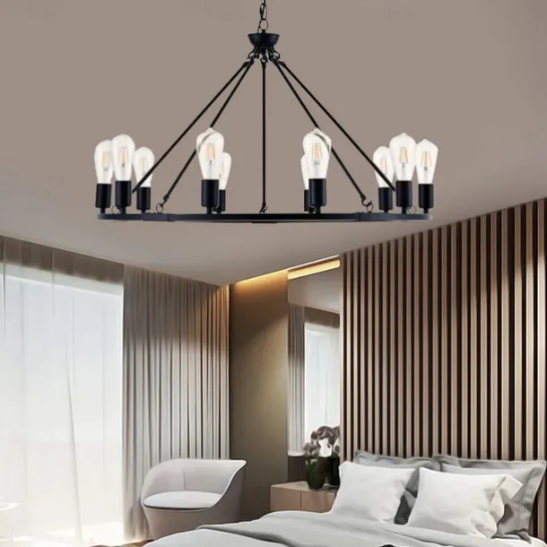 LED Pendant Light Vintage Painted Metal Chandelier Lighting, with 6/8/10/12 Lights, Rustic Vintage Farmhouse Chandelier Lighting, Carriage Wheel Pendant, Black