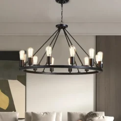 LED Pendant Light Vintage Painted Metal Chandelier Lighting, with 6/8/10/12 Lights, Rustic Vintage Farmhouse Chandelier Lighting, Carriage Wheel Pendant, Black