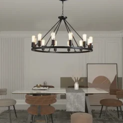 LED Pendant Light Vintage Painted Metal Chandelier Lighting, with 6/8/10/12 Lights, Rustic Vintage Farmhouse Chandelier Lighting, Carriage Wheel Pendant, Black