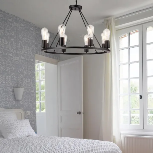 LED Pendant Light Vintage Painted Metal Chandelier Lighting, with 6/8/10/12 Lights, Rustic Vintage Farmhouse Chandelier Lighting, Carriage Wheel Pendant, Black