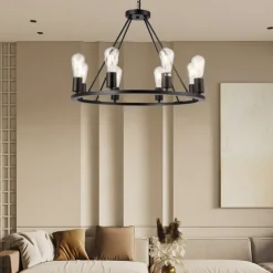 LED Pendant Light Vintage Painted Metal Chandelier Lighting, with 6/8/10/12 Lights, Rustic Vintage Farmhouse Chandelier Lighting, Carriage Wheel Pendant, Black