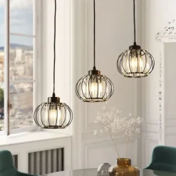 LED Pendant Light with Transparent Glass Shade Matte Black 3-Lights Pendant Lighting Adjustable Industrial Retro Style Hanging Light Fixture for Kitchen Island Dining Room Foyer Farmhouse