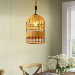 LED Pendant Light Woven Chandelier lighting Basket Lamp Shade Light Fixtures Ceiling Light Hanging for Patio Hallway Kitchen Island Bedroom Dining Room