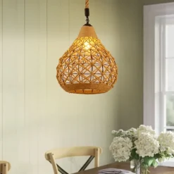 LED Pendant Light Woven Chandelier lighting Basket Lamp Shade Light Fixtures Ceiling Light Hanging for Patio Hallway Kitchen Island Bedroom Dining Room