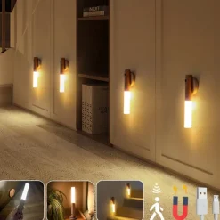 LED PIR Human Motion Sensor Wall Lamp USB Wood Stick Move Night Light Magnetic Corridor Cabinet Wardrobe Light Home Decor Light