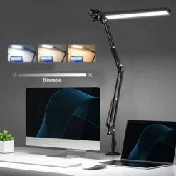 LED Reading Desk Lamp 24W Folding Swing Arm Desk Lamp with Clamp Dimmable Suitable for Workbench Home Eye Care Office Study Shustar