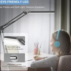 LED Reading Desk Lamp 24W Folding Swing Arm Desk Lamp with Clamp Dimmable Suitable for Workbench Home Eye Care Office Study Shustar