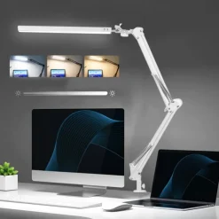 LED Reading Desk Lamp 24W Folding Swing Arm Desk Lamp with Clamp Dimmable Suitable for Workbench Home Eye Care Office Study Shustar