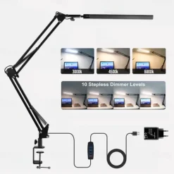 LED Reading Desk Lamp 24W Folding Swing Arm Desk Lamp with Clamp Dimmable Suitable for Workbench Home Eye Care Office Study Shustar