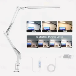 LED Reading Desk Lamp 24W Folding Swing Arm Desk Lamp with Clamp Dimmable Suitable for Workbench Home Eye Care Office Study Shustar