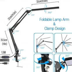 LED Reading Desk Lamp 24W Folding Swing Arm Desk Lamp with Clamp Dimmable Suitable for Workbench Home Eye Care Office Study Shustar