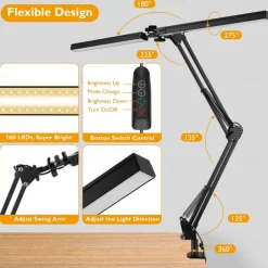 LED Reading Desk Lamp 24W Folding Swing Arm Desk Lamp with Clamp Dimmable Suitable for Workbench Home Eye Care Office Study Shustar