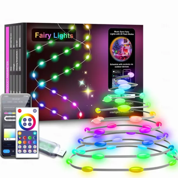 LED Smart Light Tuya Intelligent Point Control Leather Wire Light, IP68 Waterproof Christmas Tree Lights WiFi-Controlled Colorful LED Light String USB Power Supply with Remote Control