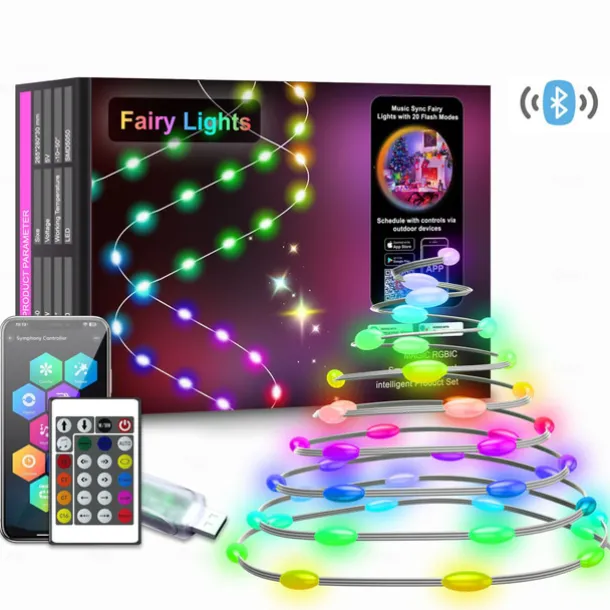 LED Smart Light Tuya Intelligent Point Control Leather Wire Light, IP68 Waterproof Christmas Tree Lights WiFi-Controlled Colorful LED Light String USB Power Supply with Remote Control