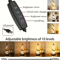 LED Spiral Table Lamp, Modern Simple Bedside Night Light Tri-Colors Dimmable USB Powered Creative Atmosphere Desk Lamp Home Bedroom Office Desktop Decoration Ornaments 1PC